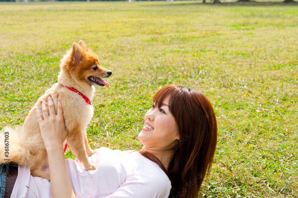 Wall mural attractive asian woman with dog in the park