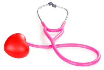 Pink stethoscope with red heart