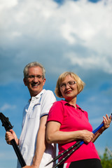 Glückliches älteres Paar beim Nordic Walking im Sommer