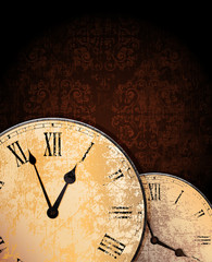 ornamented grungy background with old clocks. eps10 vector.