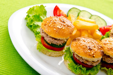 Burgers with french fries in plate