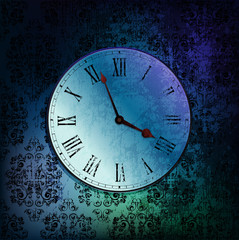 Old clock on messy ornamented wall. Eps10 vector
