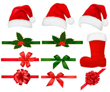 Collection of red santa hats with and Christmas holly. Vector