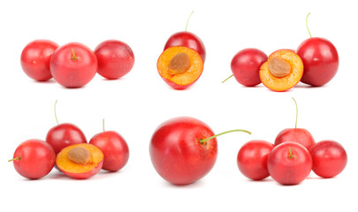 Set of Red Cherry Plums Isolated on White Background