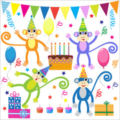 Set of vector birthday party elements with funny monkeys