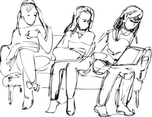a sketch of the three girls sitting on the couch one