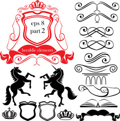 Set of heraldic silhouettes elements - vignette, horse, unicorn