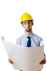 Engineer working with drawings on white