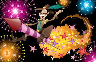 Guy Fawkes riding through exploding fireworks.