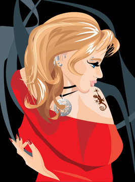 Beautiful blond girl with lizard tattoo on her shoulder
