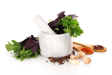 spices and mortar isolated on white