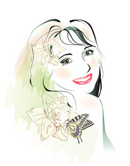 watercolor portrait of young girl with flowers and butterfly