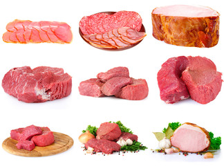 fresh raw meat collection isolated on white