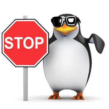 3d Penguin holding Stop Sign