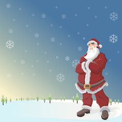 Santa Claus in landscape with snow and blue sky