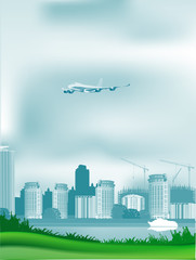 plane above modern buildings