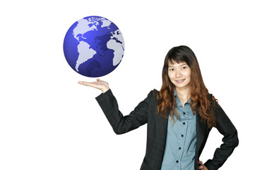 a business woman with a globe