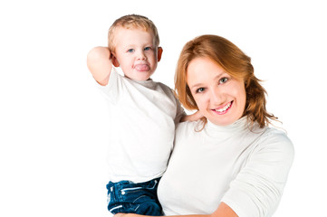 Woman and son sticking Tongues Out