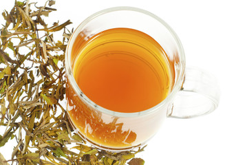 tea in glass cup and tea leaves