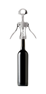 Opening a wine bottle with corkscrew