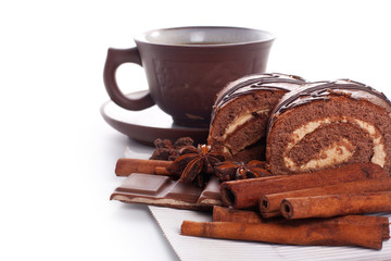 Coffee and chocolate isolated on a white background