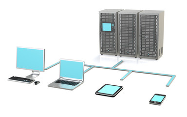 3 Server Racks, Workstation, Laptop, touch pad and smart phone