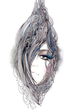 Moman with ornate hair like inside the shell (series C)
