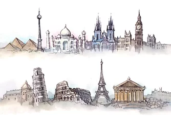 Cercles muraux Illustration Paris lieux d& 39 intérêt du monde deux panoramas