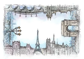 Papier Peint photo Illustration Paris cadre des lieux d& 39 intérêt du monde