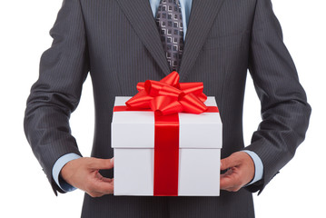 Businessman present gift box isolated over white background