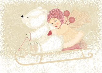 Little girl with cub polar bear sledding
