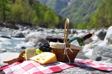 Red wine, cheese and grapes served at a picnic