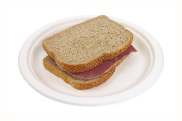 Corned beef sandwich on paper plate