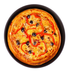 pizza in pan isolated on white