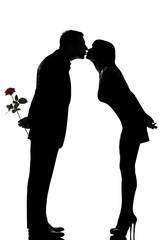 one couple man hiding rose flower and woman kissing