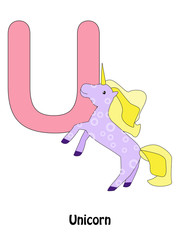 Letter "U" and unicorn - alphabet for children