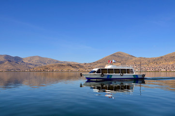 Motor Boat on Calm Lake Titicaca