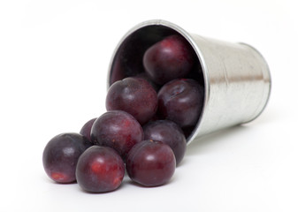 bucket with falling plums