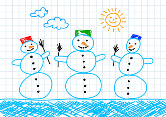 Drawing of three snowmen