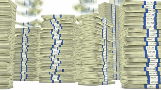 100 dollar bundles stacks falling down. Wealth and money
