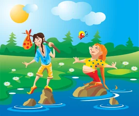 Photo sur Plexiglas Monde magique 2 gnomes - épais et minces - traversent la rivière