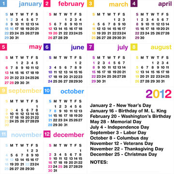 2012 calendar with official USA holidays