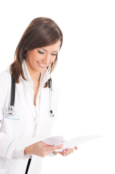 Smiling female doctor with documents, over white