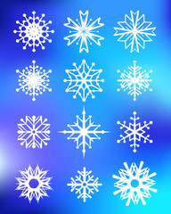 Fototapeta na wymiar Set of different shaped snowflakes in a row
