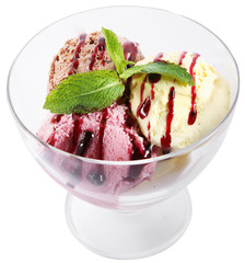 Three kinds of ice cream with mint in a bowl.