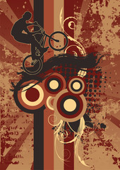 Vector biker silhouette on vintage grunge background