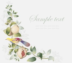 Greeting card with birds and garnet tree.