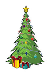 Colorful Winter Holiday Decorated Christmas Tree with Gifts Cartoon Vector Graphic Illustration