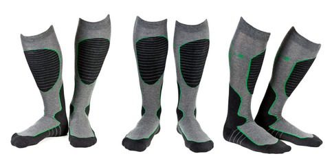 A collage of three pairs of gray ski socks