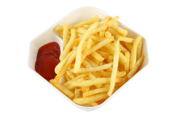 French fries with red ketchup on white background